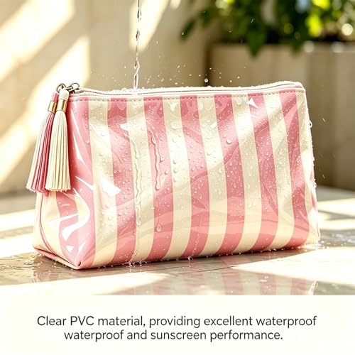 AUONY Waterproof Travel Makeup Bag - Pink & Beige Striped Cosmetic Pouch
