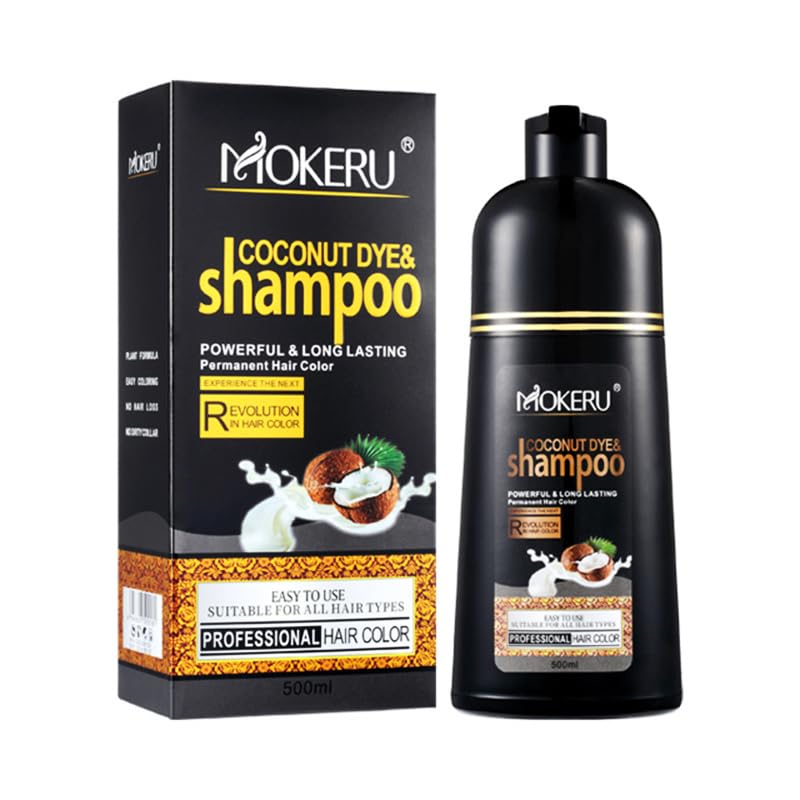 MOKERU Coconut Oil Black Hair Dye Shampoo for Gray Coverage - 3 in 1
