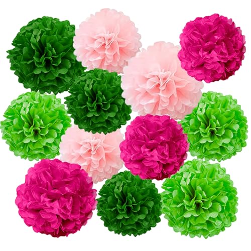 GAKA 12-Pack Pink and Green Tissue Paper Pom Poms - 10" & 12" Hanging Decorations for Parties & Weddings