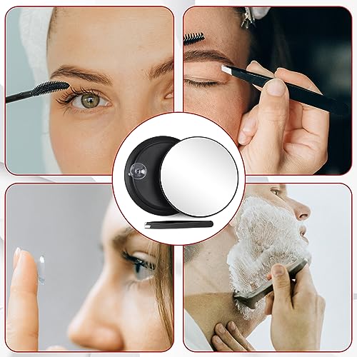 10X Magnifying Mirror with 3 Suction Cups - 6'' Stick on Makeup Mirror with 10X Magnification, Magnified Makeup Mirror Portable Handheld Cosmetic Mirror and Tweezers Set for Travel, Makeup, Bathroom