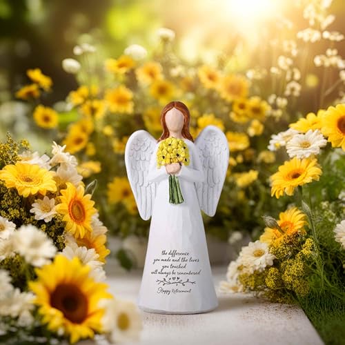 Retirement Gift Angel Figurine - 5.6" Hand-Painted Guardian with Sunflowers