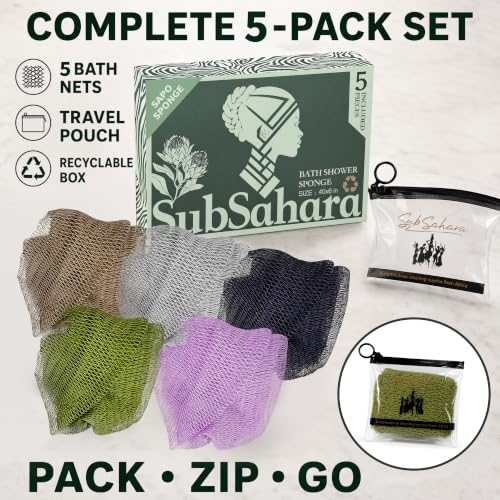 Exfoliating Bath Sponge Set - 5 Pack 45-Inch Nylon Net Scrubbers in Green, Gray, Brown, Black, Purple