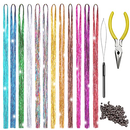 Hair Tinsel Kit - 12 Colors, 2500 Strands, 48 Inch with Tools