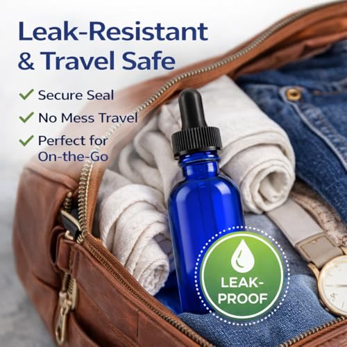 GreenHealth 2oz Cobalt Blue Glass Dropper Bottles Pack of 2 – Travel Size, UV Protection, Refillable for Essential Oils & Serums