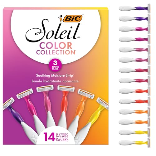 BIC Soleil 3 Colors Women's Disposable 3-Blade Razors, Aloe Vera Strip, College Dorm Room Essential, Shower Caddy and Toiletry Bag Ready, 14-Pack