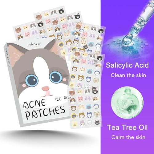 Cute Cat Hydrocolloid Pimple Patches - 120 Count with Salicylic Acid & Tea Tree Oil