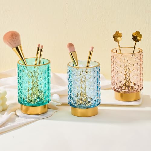 Pink Multifunctional Glass Brush Holder & Toothbrush Cup with Gold Base