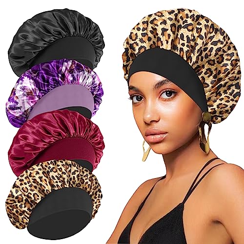 FIRSTPELLA 4PCS Silk Hair Bonnet Set for Sleeping & Shower, Elastic Wide Band, Black, Red, Purple & Leopard Print