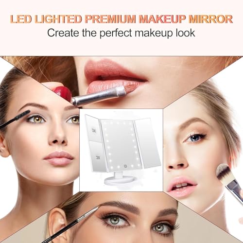 Flymiro Tri-fold Lighted Vanity Makeup Mirror with 3x/2x Magnification,Light up Mirror for Makeup,Touch Screen 21 LEDs,180¡Æ Rotation Countertop Cosmetic Mirror,Gifts for Women Mom Teen Girls