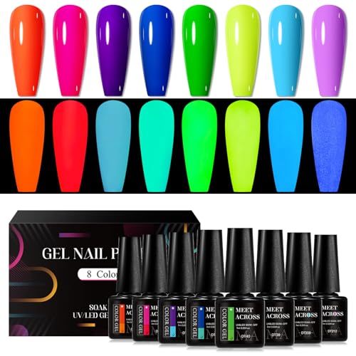 MEET ACROSS 8-Piece Glow in the Dark Gel Nail Polish Set - Neon Fluorescent