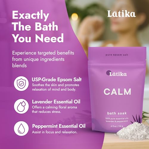 Latika Epsom Bath Soak Set of 3 - Lavender & Peppermint Stress Relief, Skin Nourishment, 4oz Each