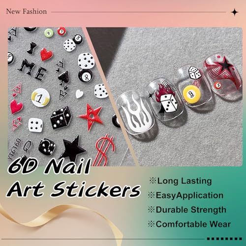 SKYCLOUD Self-Adhesive 3D Nail Stickers - Pool Balls & Dice Design, Lucky 7, Casino Theme, 3 Sheets - Nails Sticker-zh513