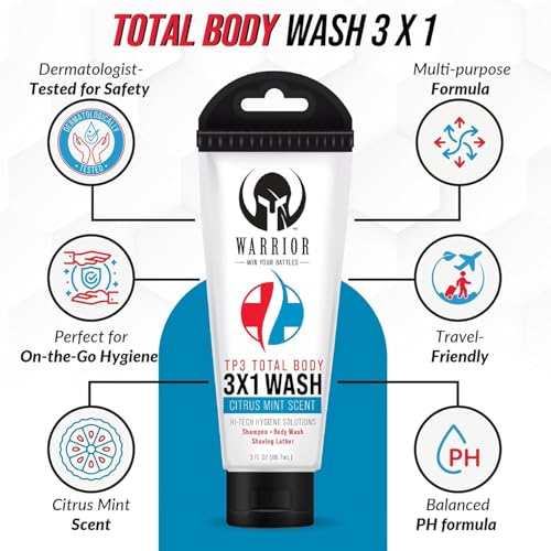 Warrior 3-in-1 Body Wash, Shampoo & Shaving Lather, Citrus Mint, 3.0 fl oz