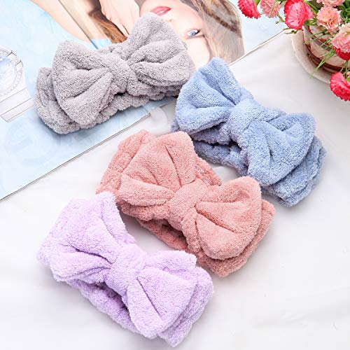 Senkary 4 Pack Microfiber Bow Headbands for Face & Shower, Pink Blue Purple Gray