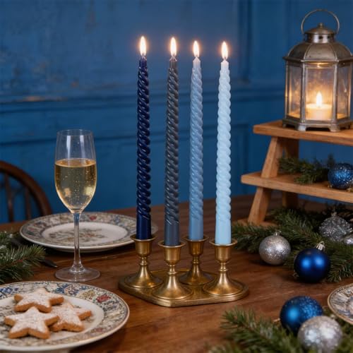 KONNI 10-Inch Blue Spiral Taper Candles - 4 Pack, Smokeless & Long Burning