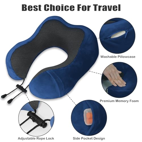 Elvodosia Memory Foam Travel Neck Pillow with Eye Mask & Earplugs - Blue