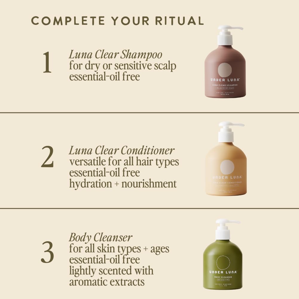 Under Luna, Luna Clear Shampoo | Balanced to Dry Scalp | Essential Oil Free, pH Balanced & Non-Stripping | Vegan, Plant-Based Cleanse | Safe for Sensitive Skin & All Ages | 9.5 fl oz