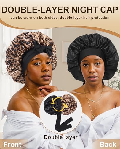 Black Leopard Large Satin Bonnet for Women - Extra Large Sleep Hair Wrap, Adjustable Tie