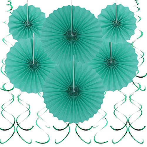 Teal Blue Hanging Paper Fans & Swirls Decorations - 20pcs