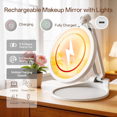 Qinxinmir 10X Magnifying Travel Makeup Mirror with 3-Color LED Lighting