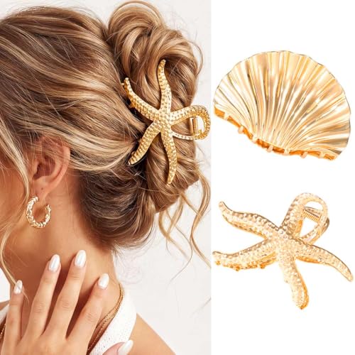 CAKURE Seashell Hair Clip - Gold Starfish Hair Claw Clips (Pack of 2)