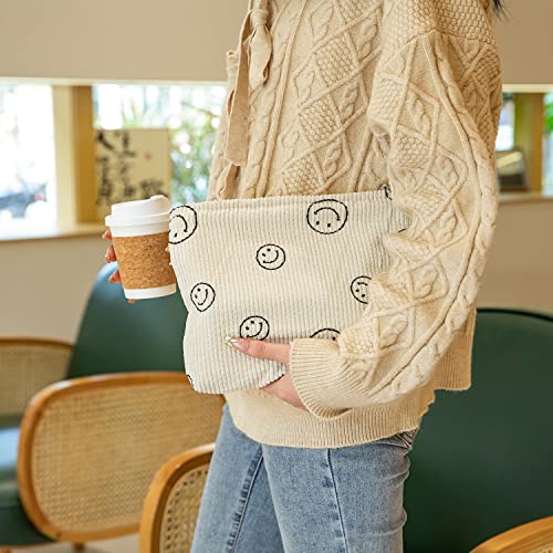 Corduroy Makeup Bag for Women - Smiley Face Cosmetic Organizer