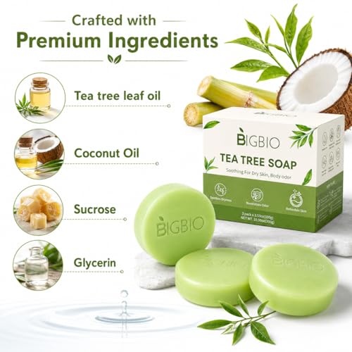 BIGBIO 3-Pack Green Tea Tree Soap Bars 10.59oz - Natural Anti-Fungal Body & Foot Odor Control