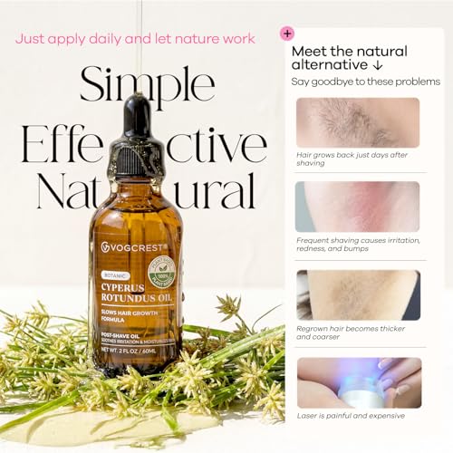 VG VOGCREST Cyperus Rotundus Oil: After Shave Oil for Face & Body - Natural Hair Growth Inhibitor Helps Slow Regrowth - Safe for Sensitive Skin & PCOS (Green, 2 FL OZ)