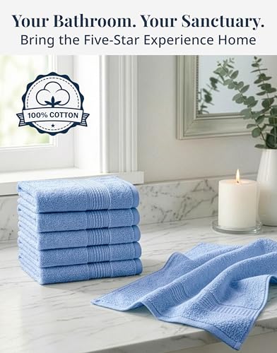 LANE LINEN 100% Cotton Wash Cloths - 6 Pack Cerulean Blue, Soft & Durable