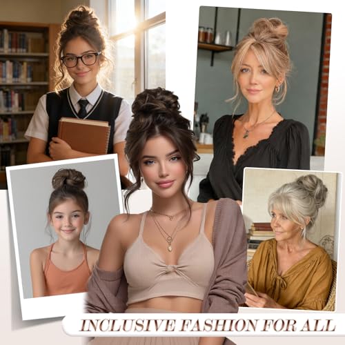 FESHFEN Messy Bun Hair Piece - Wavy Synthetic Chignon Scrunchies for Instant Volume, Elastic Ponytail Bun Hair Extensions Thick Hairpieces for Women, Medium Brown 1.50 oz