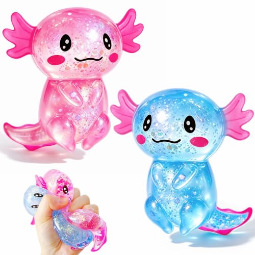 2 Pack Axolotl Squishy Stress Balls - Glittery Collectible Figurines