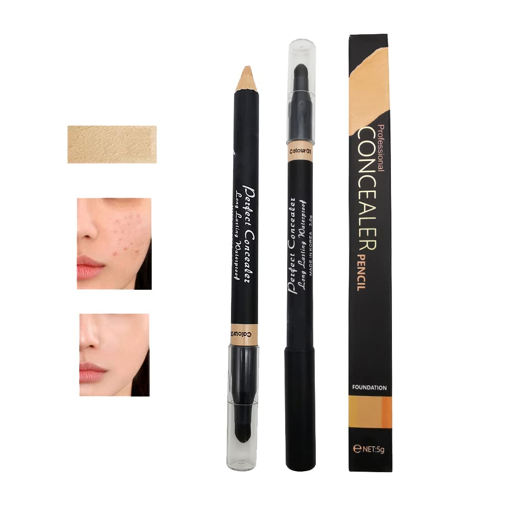 Full Coverage Concealer Pencil for Face, 2 in 1 Dual-Sided Eyebrow Face Concealer Crayon Highlighter Stick, Professional Waterproof Foundation Concealer for Eye Dark Circles, Scar, Concealer Pencil with Brush for Men and Women