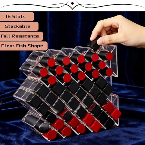 Fish-Shaped Lipstick Organizer - 16 Slot Clear Acrylic Makeup Holder