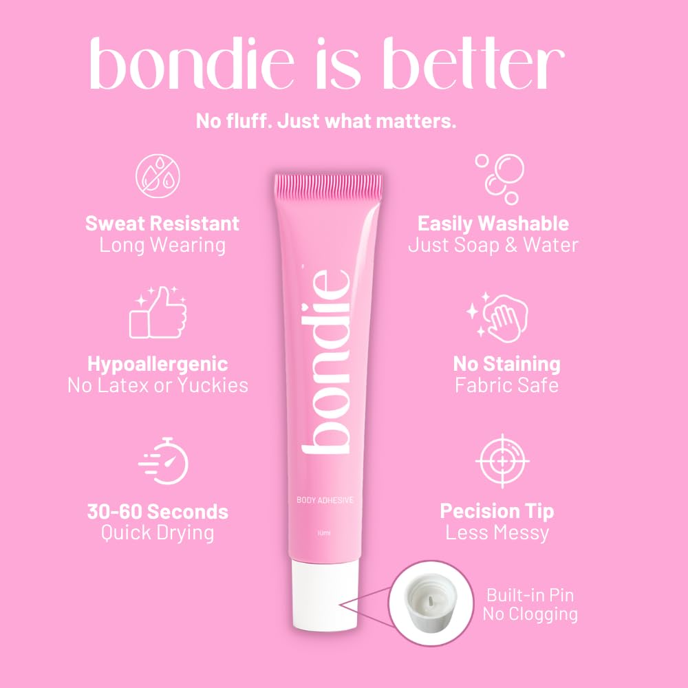 BONDIE Liquid Body Adhesive for Clothes - Fashion Tape Alternative for Low-cut Styles, Strapless Dresses and Work Blouses - Clothing Glue That Holds All Day - Sweat and Dance Proof, Fast Drying - 20ml