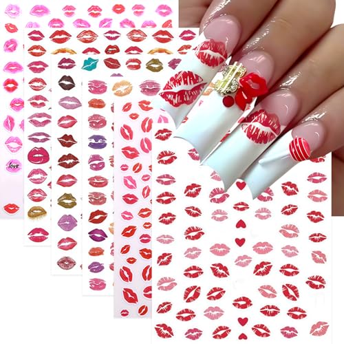 Valentine's Day Lip Nail Stickers - 6 Sheets Self-Adhesive Colorful Lip Decals for Manicure, Pink & Red Lips & Heart Design, Lip Variation