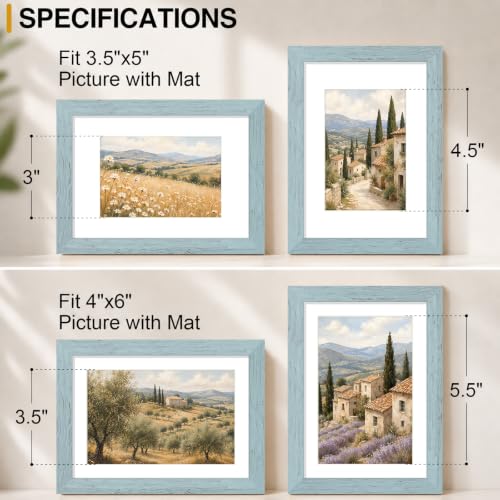 Vittanly Solid Wood 5x7 Picture Frame with Double Mat - Rustic Blue