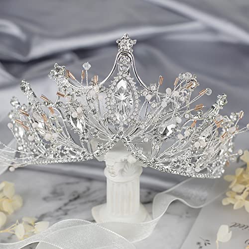 Silver Baroque Queen Crown Tiara for Women - Handmade Crystal Headband
