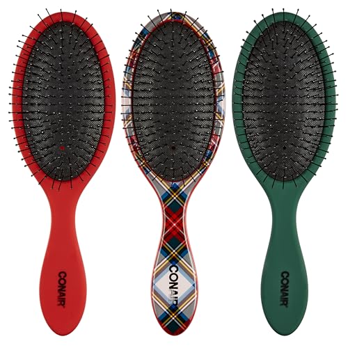 Conair Detangling Hair Brush Set – 3 Pack Tartan, Red, Green for All Hair Types