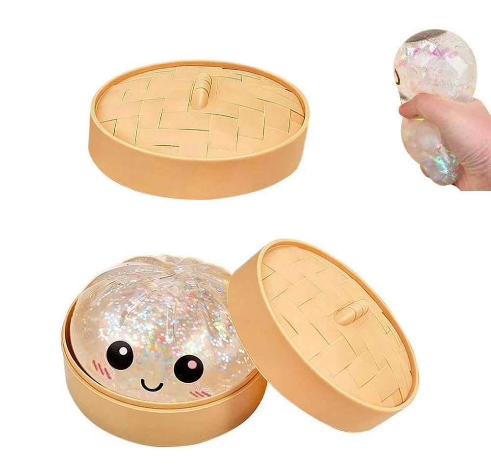 Dumpling Squishies, Glitter Dumpling, Glitter Dumplings Squishy with Box, Dumplings Sensory Squeeze Toy for Stress Relief Stretchy Desk Toys (White)