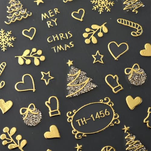 POWPOP Xmas Design2 8 Sheets 3D Gold Nail Stickers – Snowflake, Tree, Candy Cane Christmas Nail Art