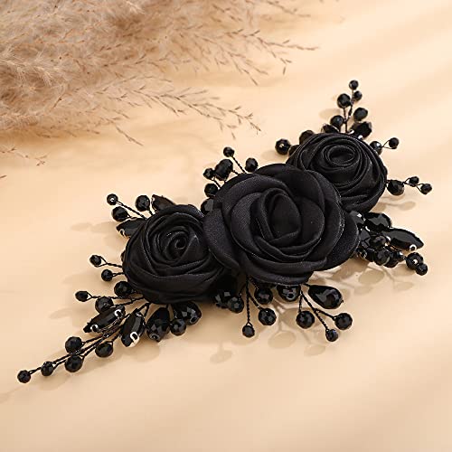Teyglen Black Flower Wedding Headband with Rhinestones