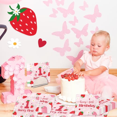Strawberry 1st Birthday Napkins - 50 Pack Disposable Party Decor