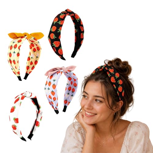 4-Pack Strawberry Bow Headbands for Women and Girls, Non-Slip Hair Hoops