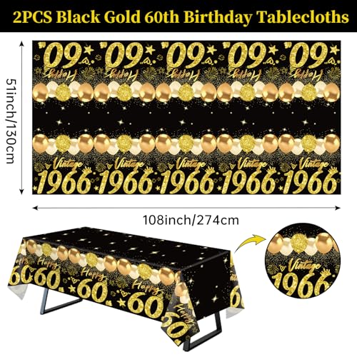 Black Gold 60th Birthday Tablecloths - 2pcs Vintage 1966 Rectangular Covers