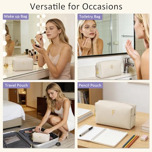 Beige Initial Makeup Bag - Personalized PU Leather Cosmetic Bag