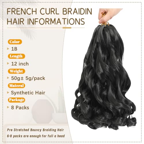 12 Inch French Curl Braiding Hair – 8 Packs Pre-Stretched Synthetic Extensions