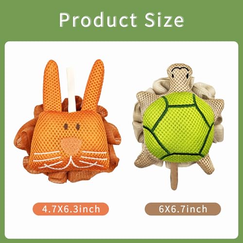 Dewlavelle Kids Bath Sponge - Soft Mesh Shower Pouf with Cute Turtle & Bunny - Gentle Kid-Friendly Bath Accessories