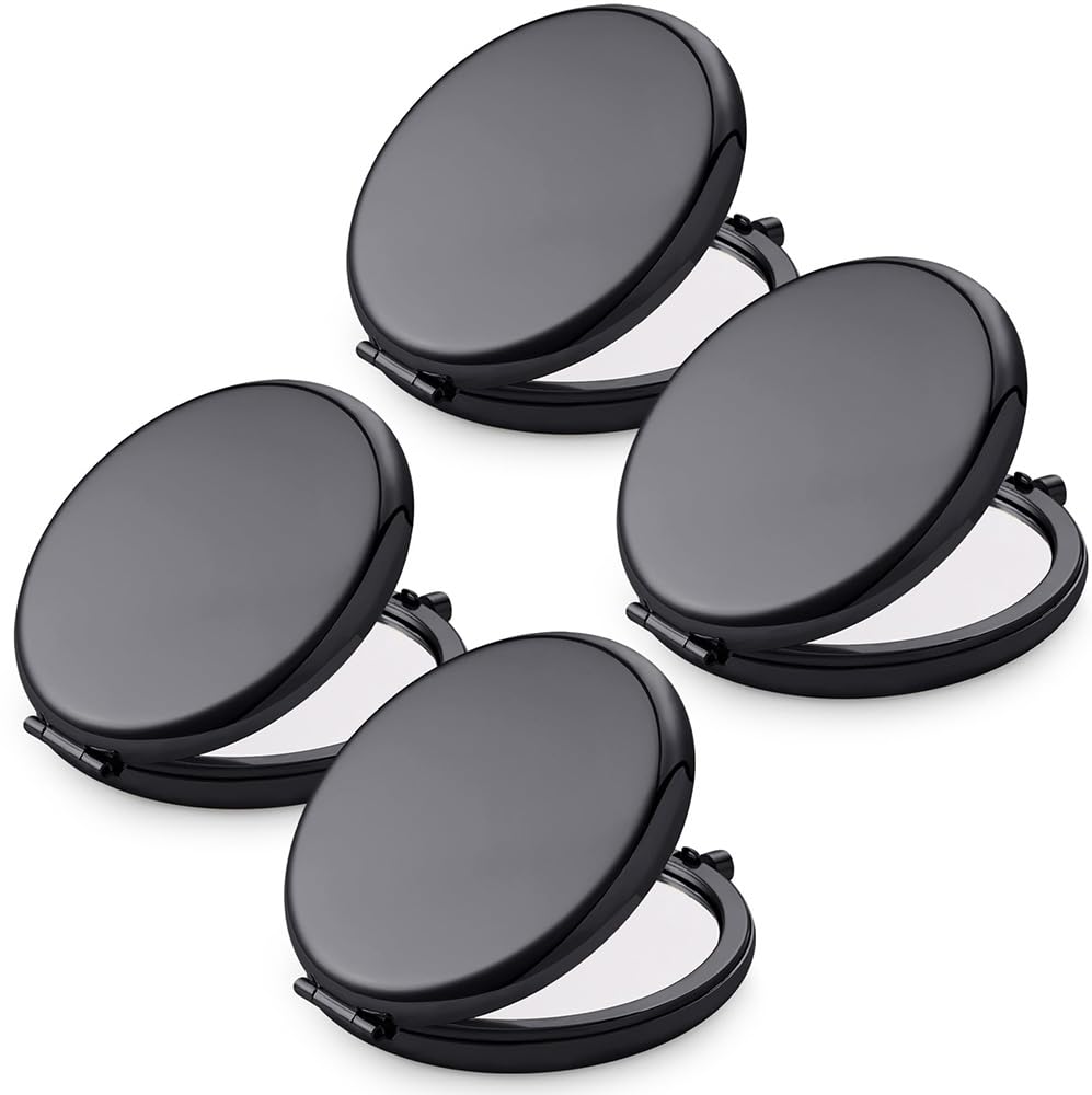 Daricano Compact Mirror for Purse, Metal Round Shell, Double-Sided 1X/2X Magnifying, Portable Travel Small Makeup Mirror, Mini Pocket Mirror, Black, 4 Packs
