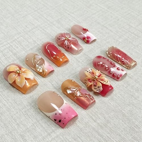 Vlazryk Handmade Press On Nails, Pink Orange Gradient Square False Nails