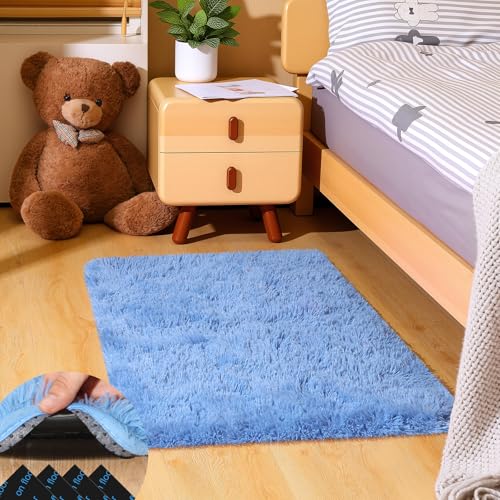 Mhyup Soft Blue Fluffy Area Rug 2x3 ft with Anti-Slip Backing